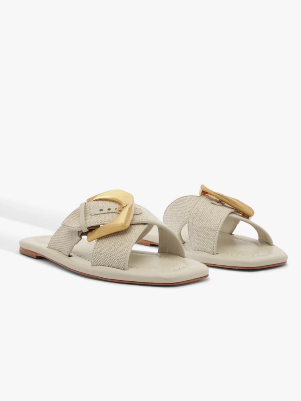 SCHUTZ Lois Beige Linen Flat Sandal with Gold Buckle